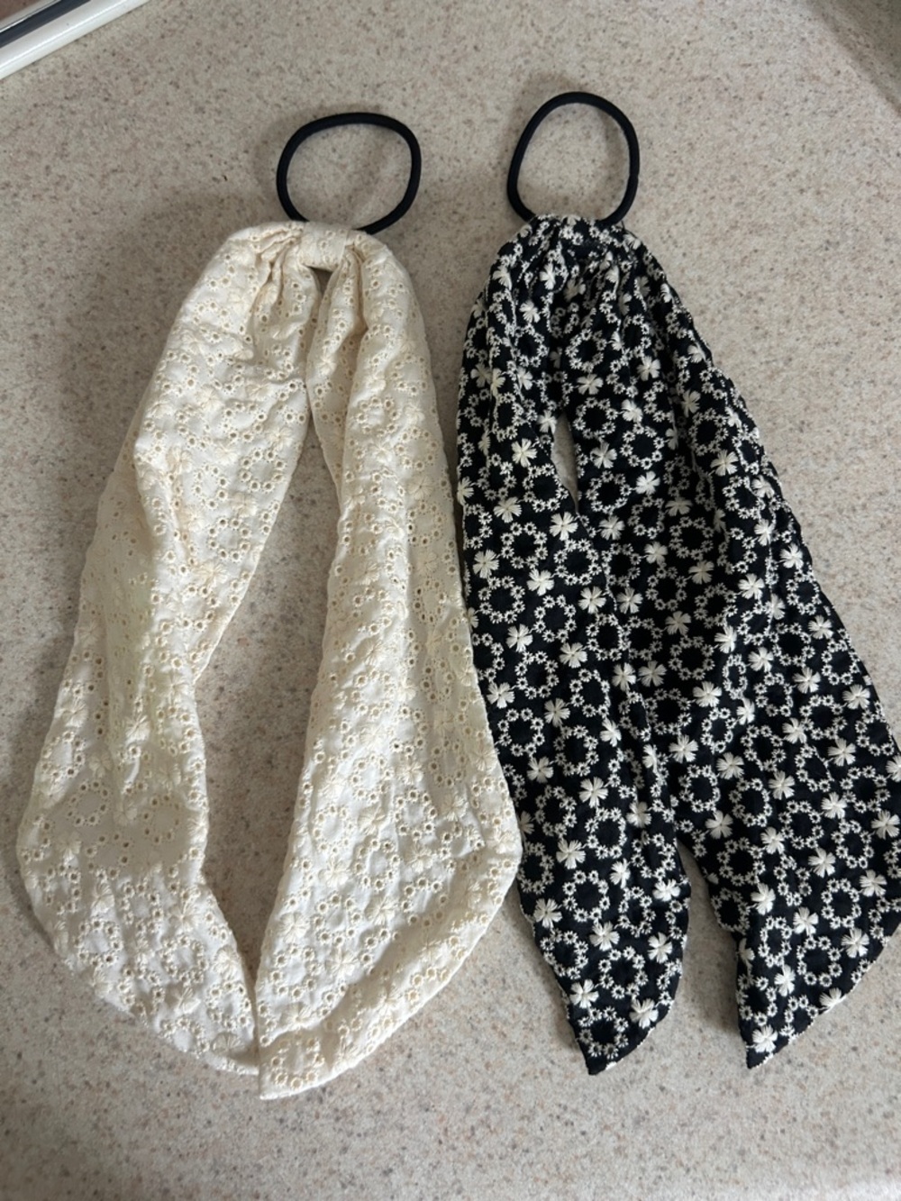 Pair of Floral Eyelet Scarf Hair Ties - Cream & Black